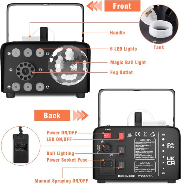 Máquina de humo de 600 W con luz de bola de discoteca y luces LED RGB - Imagen 6